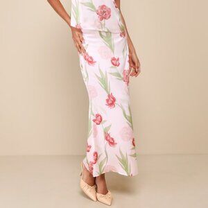 Lulus Exceptional Darling Blush Pink Floral Satin High-rise Midi Skirt - Size L